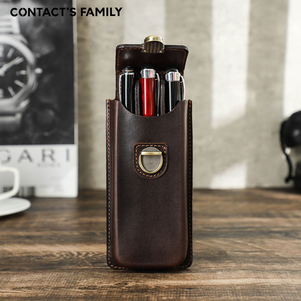 Leather Fountain Pen Case 3 Slots Pouch - 手作り本革3スロット万年筆ケース、取り外し可能なトレイ、真鍮製ロック、クレイジーホースレザーペンホルダーポーチ（3本用）