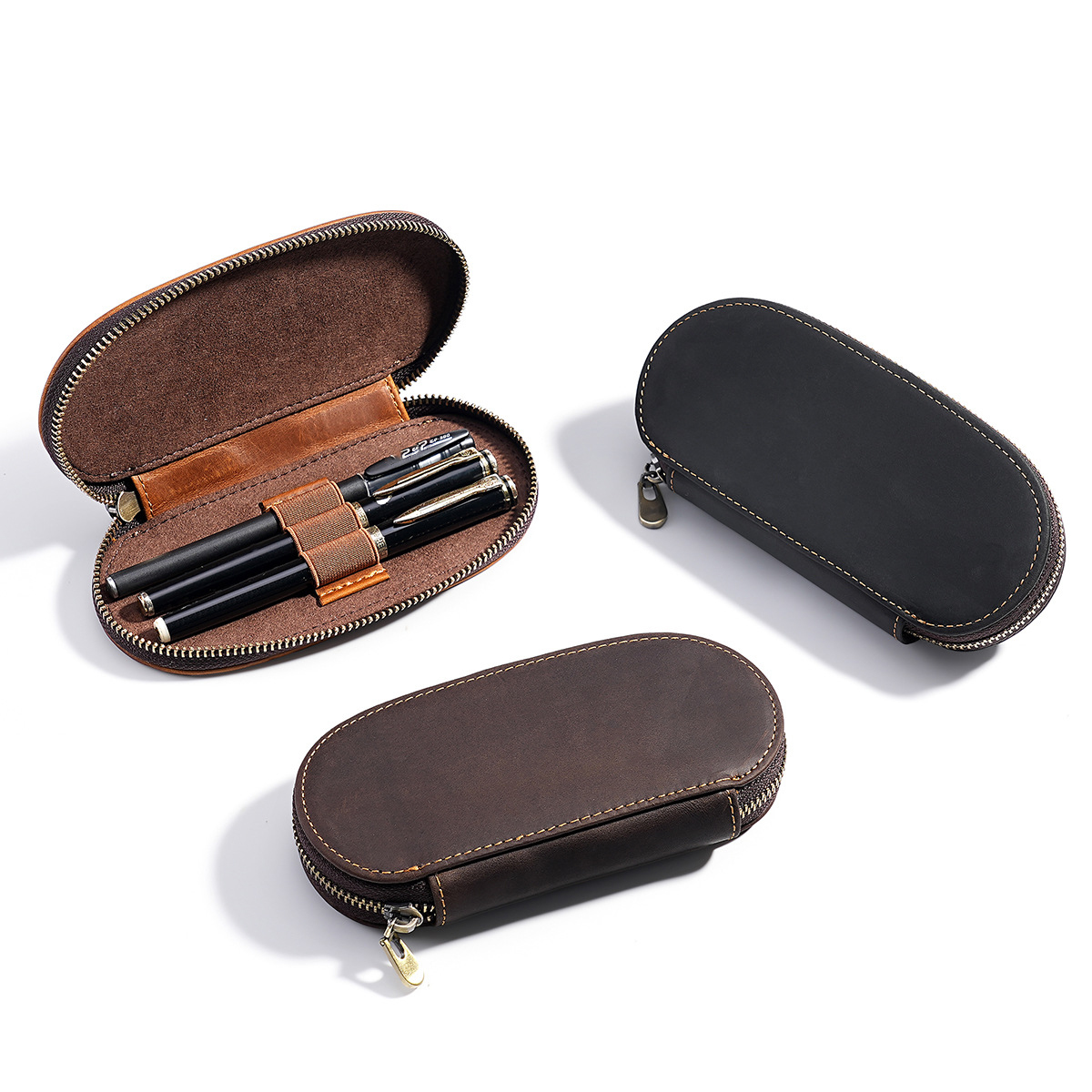 Leather Fountain Pen Case 3 Slots Pouch - レトロ 3 スロット万年筆ケース手作りクレイジーホースレザー鉛筆箱トップレイヤー牛革ジッパーペンポーチビジネスギフト