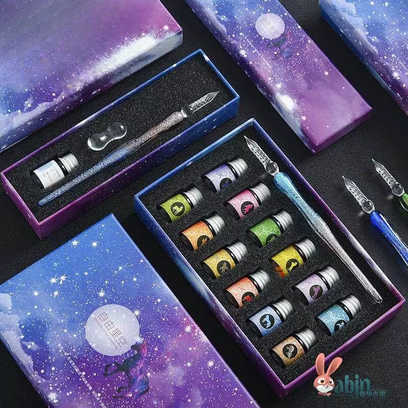 Glass Dip Pen Calligraphy Ink Set - ロマンチックで夢のようなカラフルな星空ディップペンセットクリスタルガラス繊維グラデーションインクペン書道筆記具卒業誕生日用ギフト