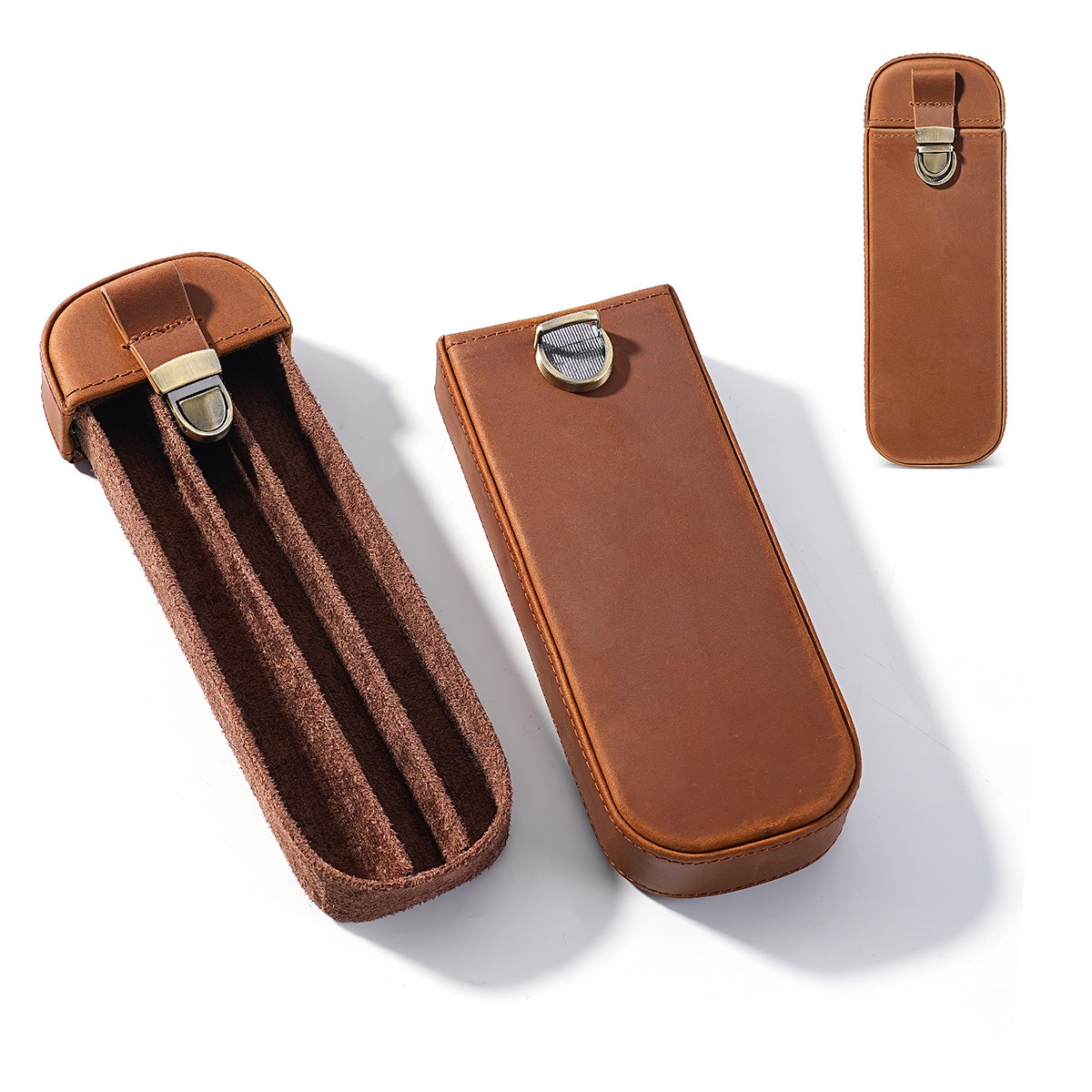 Leather Fountain Pen Case 3 Slots Pouch - 手作りの革製万年筆ケース。3つのペンを収納できる仕切りと、取り外し可能なトレイ、真鍮製の留め具が付いています。クレイジーホースレザーを使用し、3本のペンを収納できるペンホルダー付き。