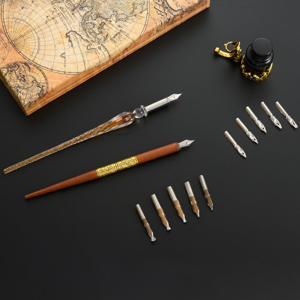 Glass Dip Pen Calligraphy Ink Set - モダンなガラス製ディップペンセット。星空をモチーフにしたクリエイティブな書道ツール。学生向けの、上品な文具ギフト。筆記や絵画に最適。