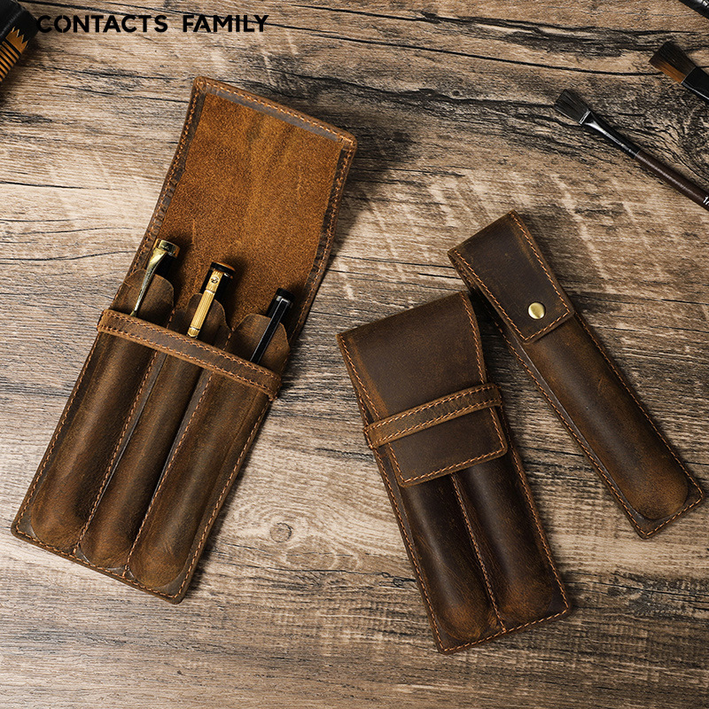 Leather Fountain Pen Case 3 Slots Pouch - ヴィンテージ風クレイジーホースレザー製ペンケース。1/2/3本収納可能。手作りの万年筆用ポーチ。レトロなデザインのレザー製ペンボックス。学生やオフィスでの使用に最適。