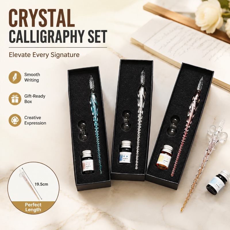 Glass Dip Pen Calligraphy Ink Set - クリスタルガラスディッピングペンセット、カラフルな金粉インク付き、ギフトボックス、署名書道用19.5cmペン、クリエイティブ