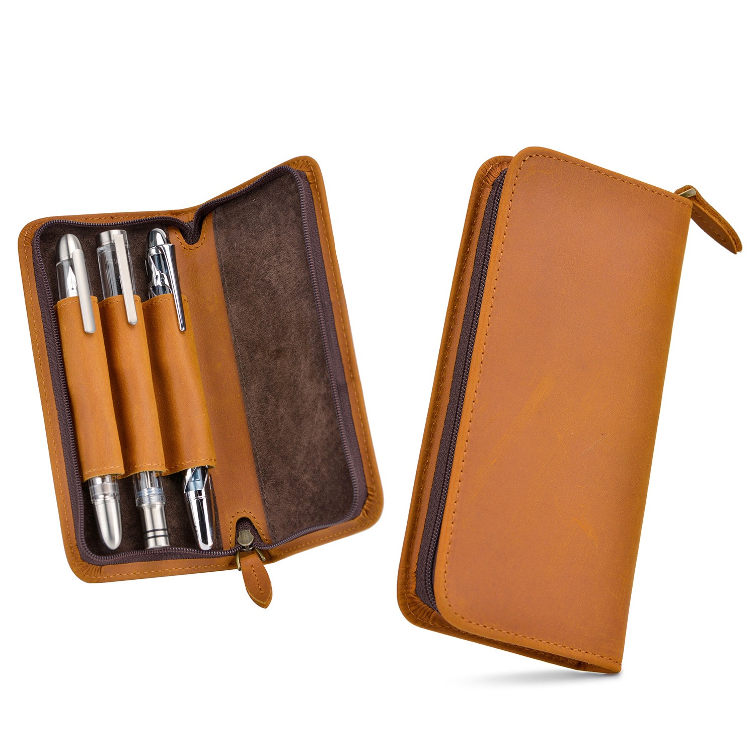 Leather Fountain Pen Case 3 Slots Pouch - Asvine-高級万年筆ケース、ペンシルバッグ、ポータブル、クレイジーホースレザー、レトロペンポーチ、オフィスステーショナリー、学生、3スロット