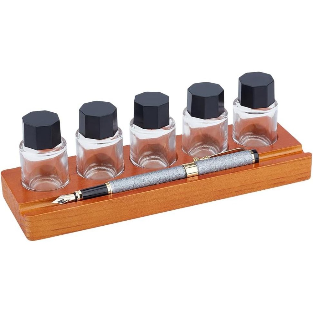 Wooden Fountain Pen Desk Stand Holder - 5穴の万年筆用インクボトルホルダーセット。木製のボトル収納スタンド5個入り。ガラス製の万年筆用インクボトルを飾りながら、机の上を整理整頓できます。