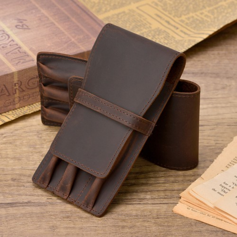 Leather Fountain Pen Case 3 Slots Pouch - A+ 3スロット ヴィンテージレザー万年筆ケース 分割バッグ 手作りポーチホルダー