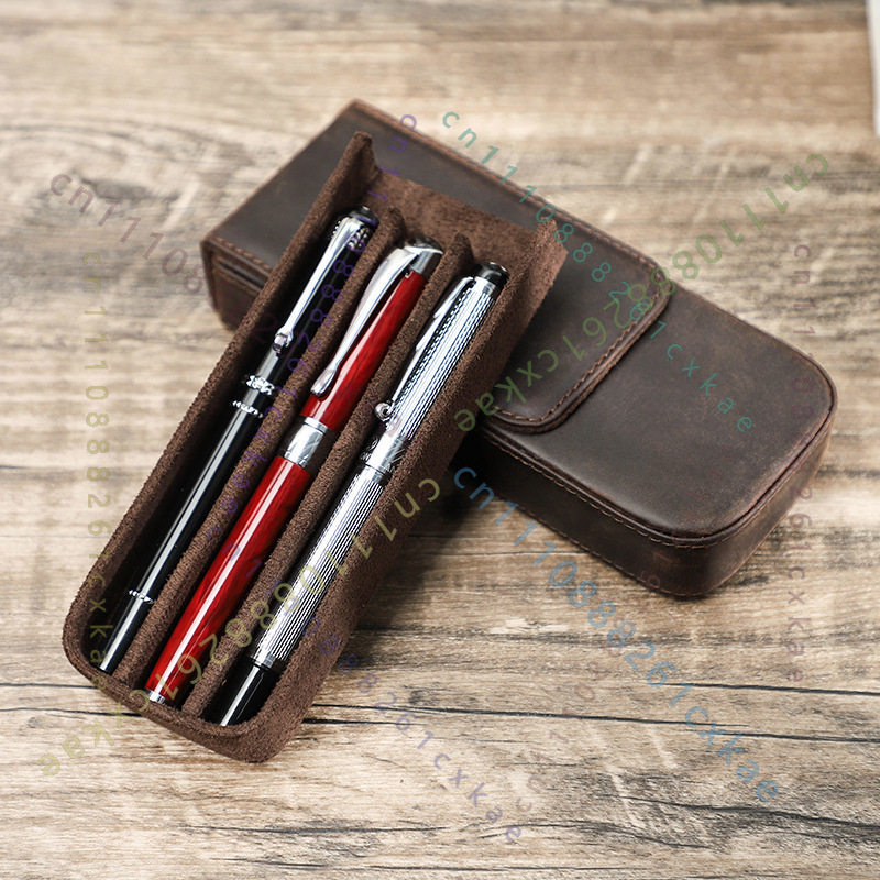 Leather Fountain Pen Case 3 Slots Pouch - ヴィンテージクレイジーホースレザーペンケース、手作り3スロット万年筆ディスプレイ収納ポーチ防塵バッグ