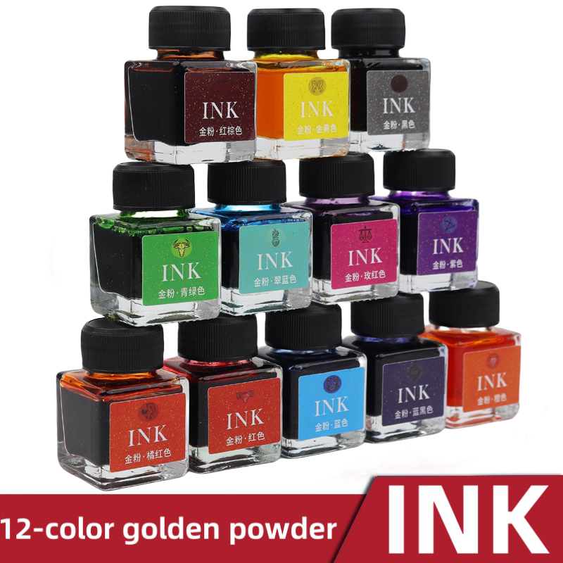 Glass Dip Pen Calligraphy Ink Set - 12色のきらめく金粉入りガラスディップペンインクセット、非炭素カラーインク、学生向け絵画・書道練習用