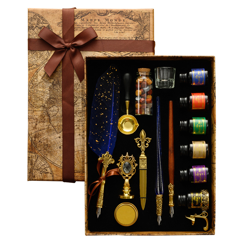Glass Dip Pen Calligraphy Ink Set - クラシックガラスディップペン 18 ペン先 6 色インクセットシールワックススタンプヴィンテージクリスタルフェザー万年筆書道キット