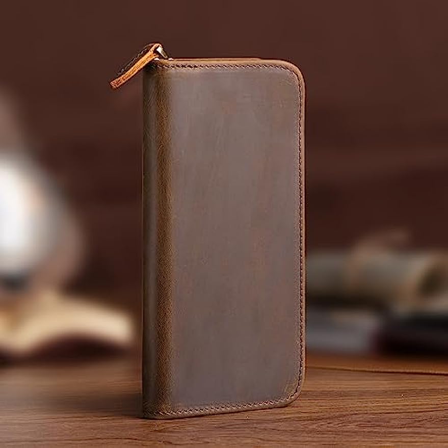 Leather Fountain Pen Case 3 Slots Pouch - Asvineヴィンテージレザー万年筆ケース、ジッパー付きペンケース、ロールボールペン用の手作りディスプレイホルダー、3つの分割スロット