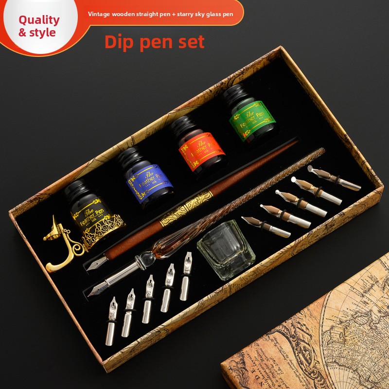 Glass Dip Pen Calligraphy Ink Set - 木製の直筆ペン、4色のインクボトル、ガラス製の洗浄カップ、筆置きが付属したガラス製ディップペンセット。書道や筆記に最適。