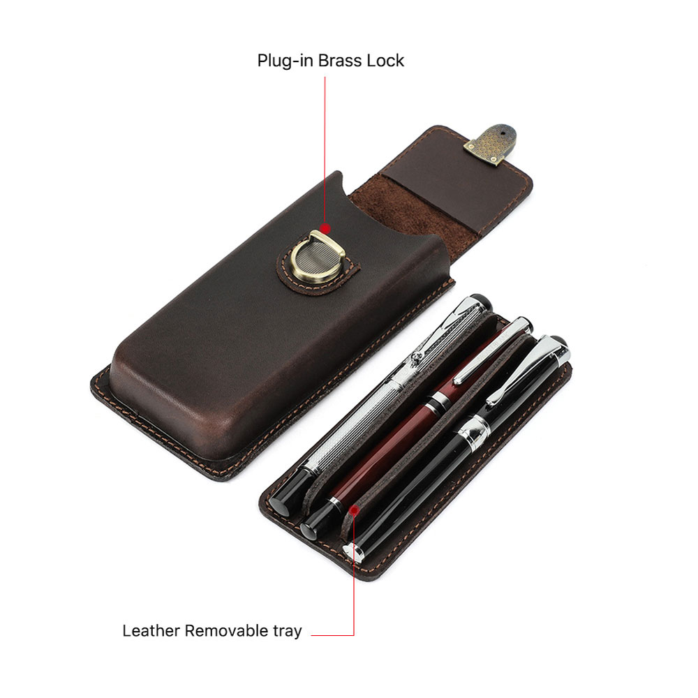 手作り本革3スロット万年筆ケース、取り外し可能なトレイ、真鍮 - Leather Fountain Pen Case 3 Slots Pouch のレビューと価格