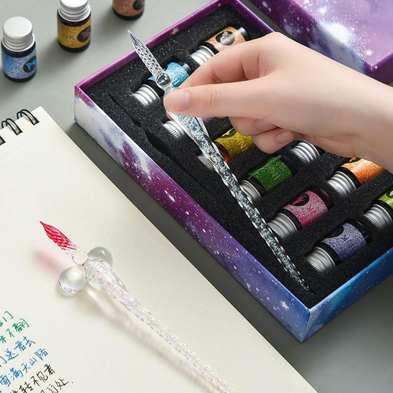 新しいクリスタルガラスペン,12色のパウダー万年筆,スプレー - Glass Dip Pen Calligraphy Ink Set のレビューと価格
