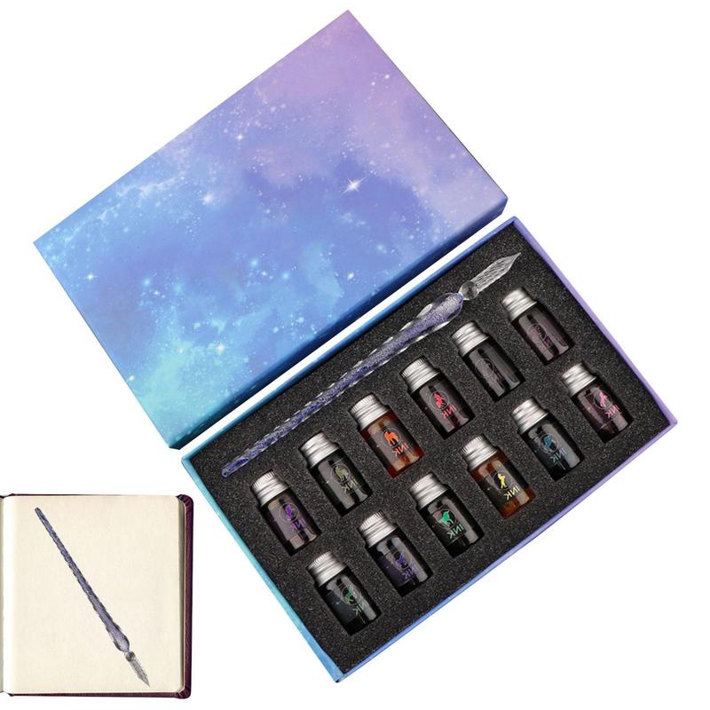 新しいクリスタルガラスペン,12色のパウダー万年筆,スプレー - Glass Dip Pen Calligraphy Ink Set のレビューと価格