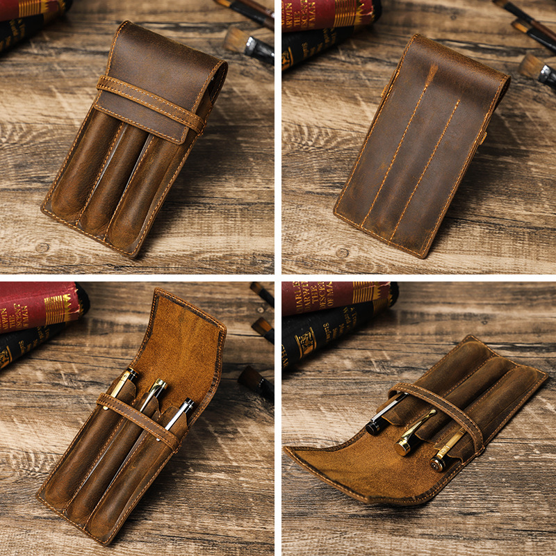 ヴィンテージ風クレイジーホースレザー製ペンケース。1/2/3 - Leather Fountain Pen Case 3 Slots Pouch のレビューと価格