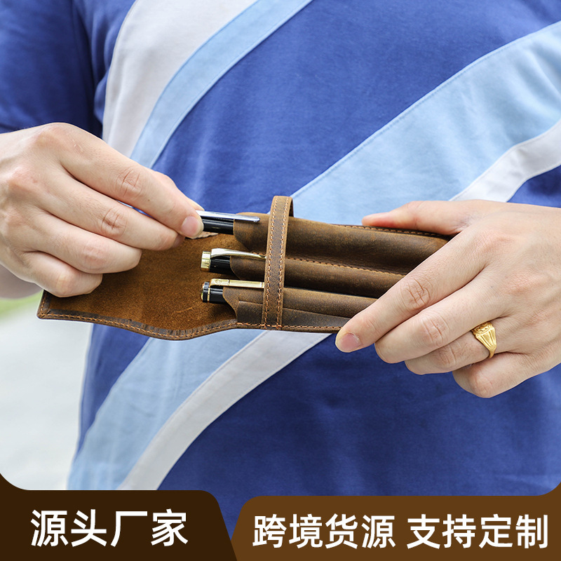ヴィンテージ風クレイジーホースレザー製ペンケース。1/2/3 - Leather Fountain Pen Case 3 Slots Pouch のレビューと価格