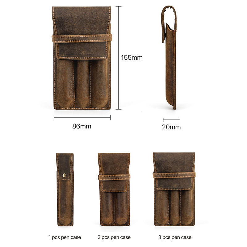 ヴィンテージ風クレイジーホースレザー製ペンケース。1/2/3 - Leather Fountain Pen Case 3 Slots Pouch のレビューと価格