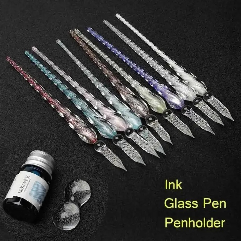 クリスタルガラスディッピングペンセット、カラフルな金粉インク - Glass Dip Pen Calligraphy Ink Set のレビューと価格