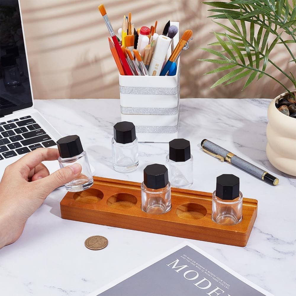 5穴の万年筆用インクボトルホルダーセット。木製のボトル収納ス - Wooden Fountain Pen Desk Stand Holder のレビューと価格