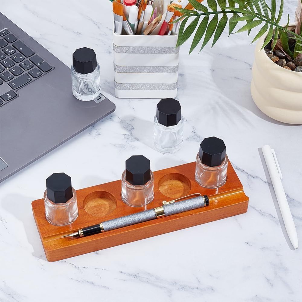 5穴の万年筆用インクボトルホルダーセット。木製のボトル収納ス - Wooden Fountain Pen Desk Stand Holder のレビューと価格