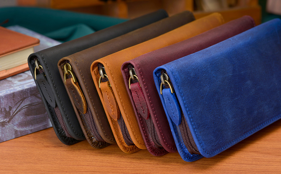 手作りのクレイジーホースレザー万年筆ケース、ジッパー付きペン - Leather Fountain Pen Case 3 Slots Pouch のレビューと価格