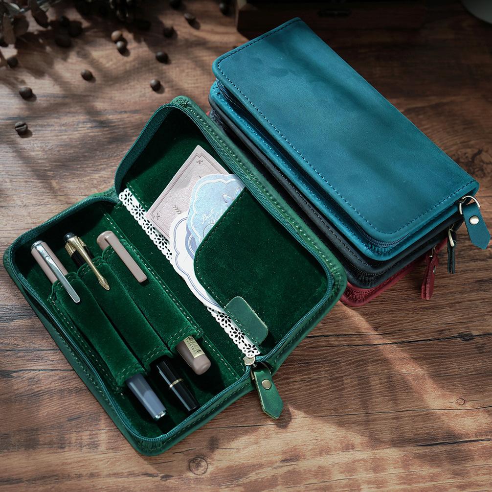 3 スロットレザーペンバッグヴィンテージ文具収納万年筆ポーチ - Leather Fountain Pen Case 3 Slots Pouch のレビューと価格