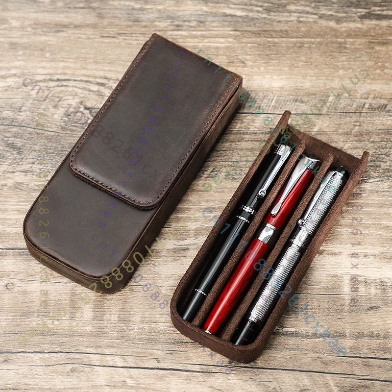 ヴィンテージクレイジーホースレザーペンケース、手作り3スロッ - Leather Fountain Pen Case 3 Slots Pouch のレビューと価格