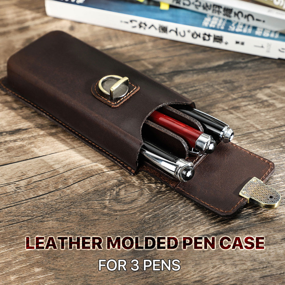 手作り本革3スロット万年筆ケース、取り外し可能なトレイ、真鍮 - Leather Fountain Pen Case 3 Slots Pouch のレビューと価格