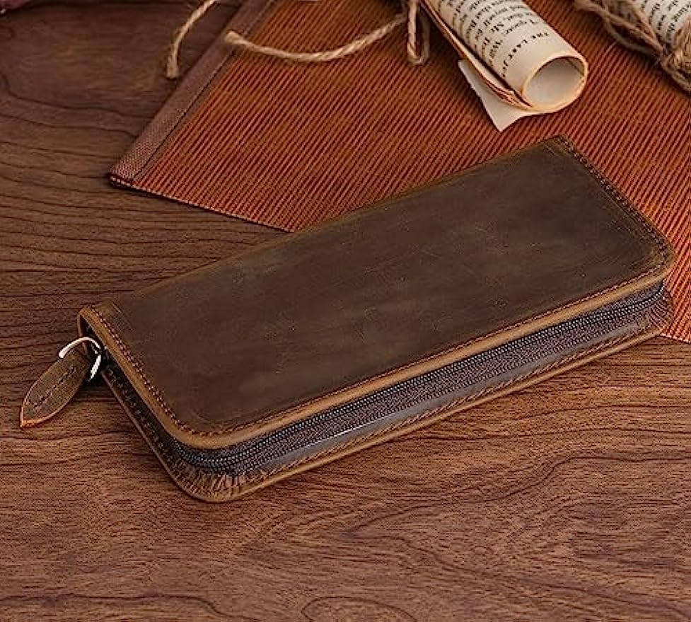 Asvineヴィンテージレザー万年筆ケース、ジッパー付きペン - Leather Fountain Pen Case 3 Slots Pouch のレビューと価格