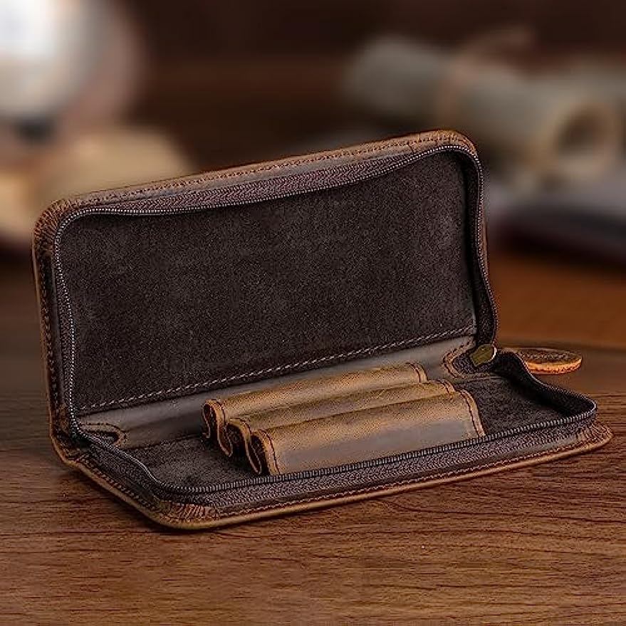 Asvineヴィンテージレザー万年筆ケース、ジッパー付きペン - Leather Fountain Pen Case 3 Slots Pouch のレビューと価格