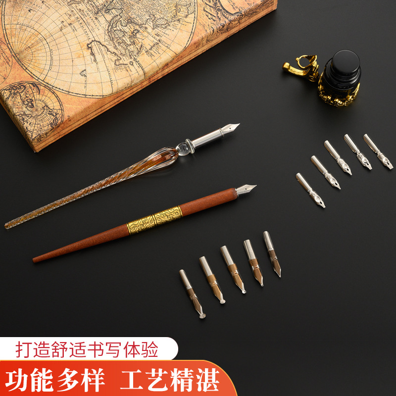 木製の直筆ペン、4色のインクボトル、ガラス製の洗浄カップ、筆 - Glass Dip Pen Calligraphy Ink Set のレビューと価格